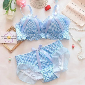 Vintage-Inspired Blue Gingham Lingerie Set with Ruffles & Bows