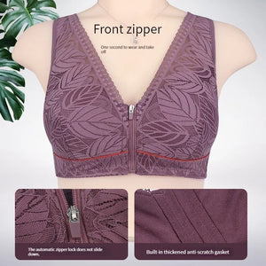 Sinvera Front-Zip Lace Wireless Bra – Breathable, Soft Cotton, Plus Size Support