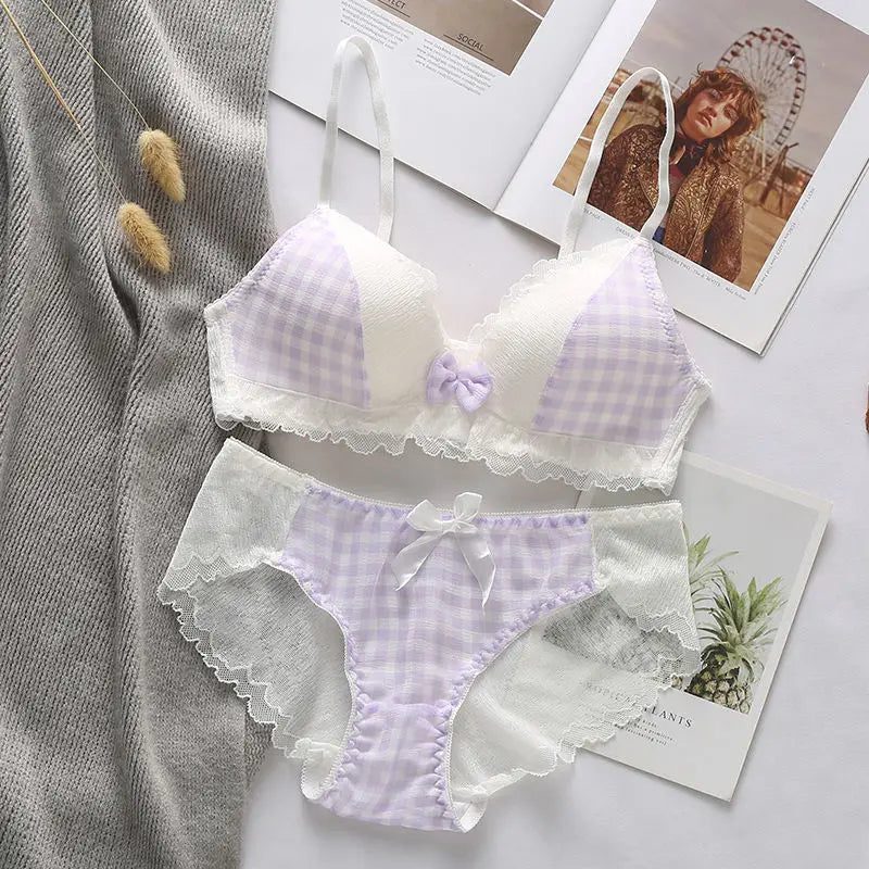 Cute Gingham Lingerie Set – Wireless Summer Bra & Panty with Lace Trim