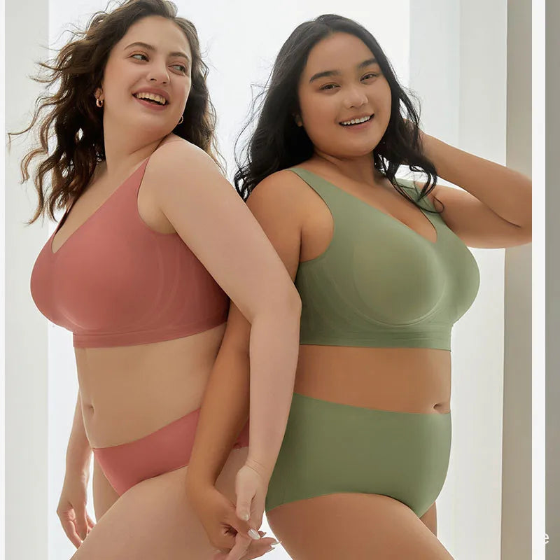 Sinvera Dikişsiz ve Desteksiz Büyük Beden Sütyen & Külot Takımı – Sarkan Göğüsleri Toparlayıcı Rahat Kalıp, M–5XL (40–120 kg)
