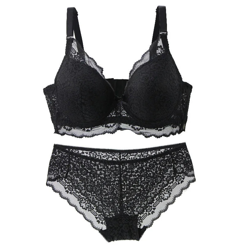 Sinvera Elegant Full Coverage Lace Bra & Panty Set – Wireless, Plus Size Support, BCDE Cups (34–44 Band)