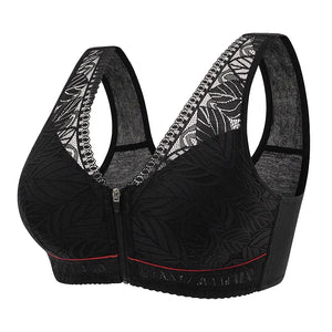 Sinvera Front-Zip Lace Wireless Bra – Breathable, Soft Cotton, Plus Size Support