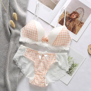 Cute Gingham Lingerie Set – Wireless Summer Bra & Panty with Lace Trim